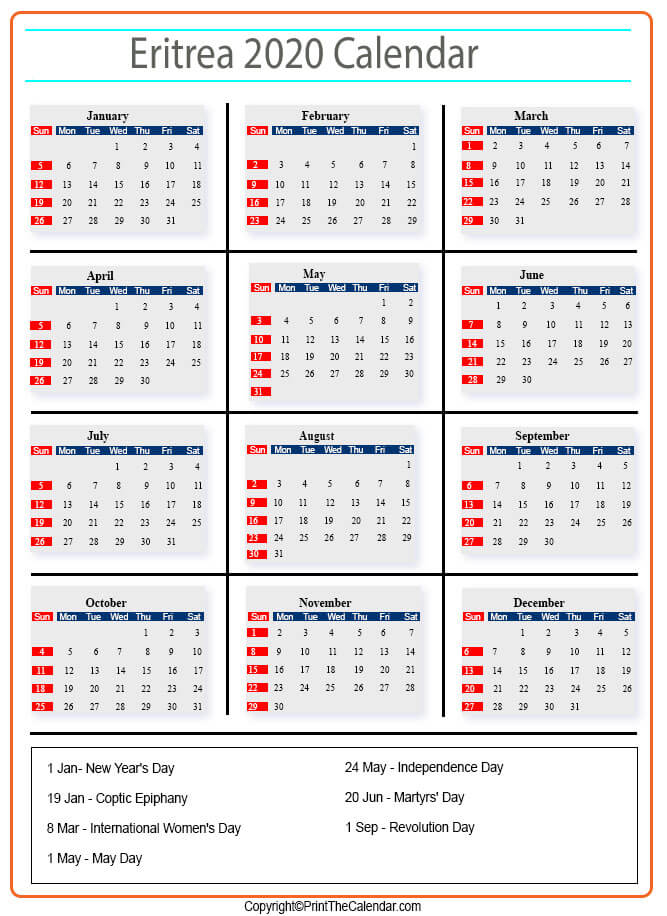 Eritrea Calendar 2020